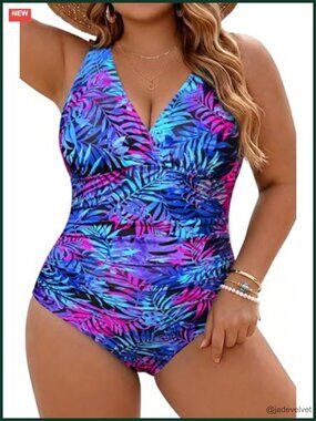 Plus Size Tummy Control One Piece Swimsuit V Neck Ruched Swimwear